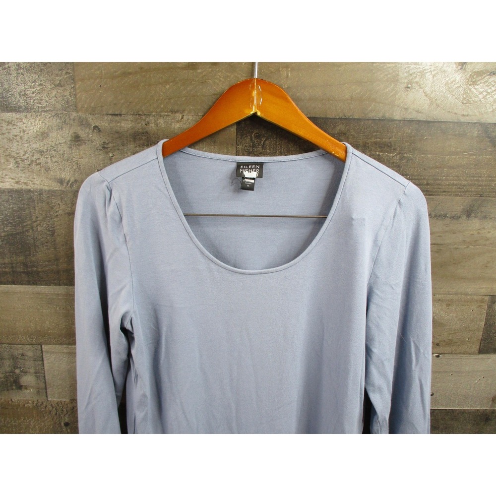 Eileen Fisher Shirt Womens Medium Blue Long Sleeve Scoop Neck Stretch T6S78M